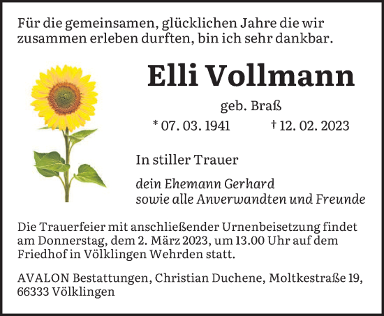Traueranzeige von Elli Vollmann von saarbruecker_zeitung