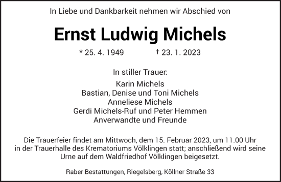 Traueranzeige von Ernst Ludwig Michels von saarbruecker_zeitung