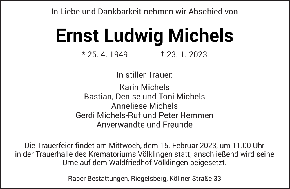 Traueranzeige für Ernst Ludwig Michels vom 04.02.2023 aus saarbruecker_zeitung