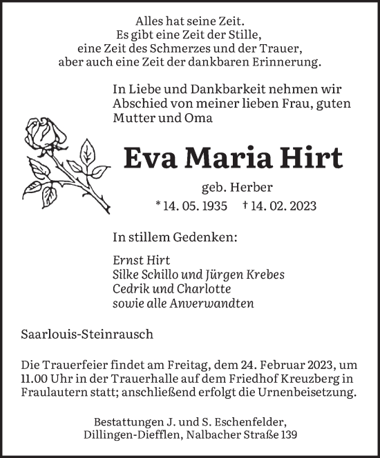 Traueranzeige von Eva Maria Hirt von saarbruecker_zeitung