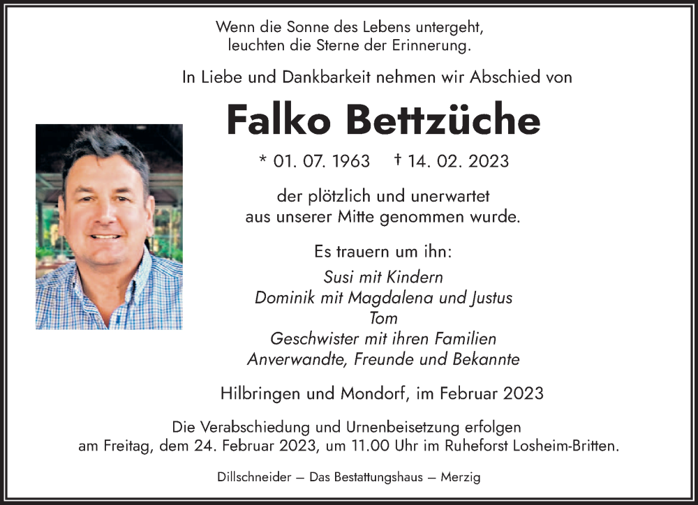  Traueranzeige für Falko Bettzüche vom 21.02.2023 aus saarbruecker_zeitung