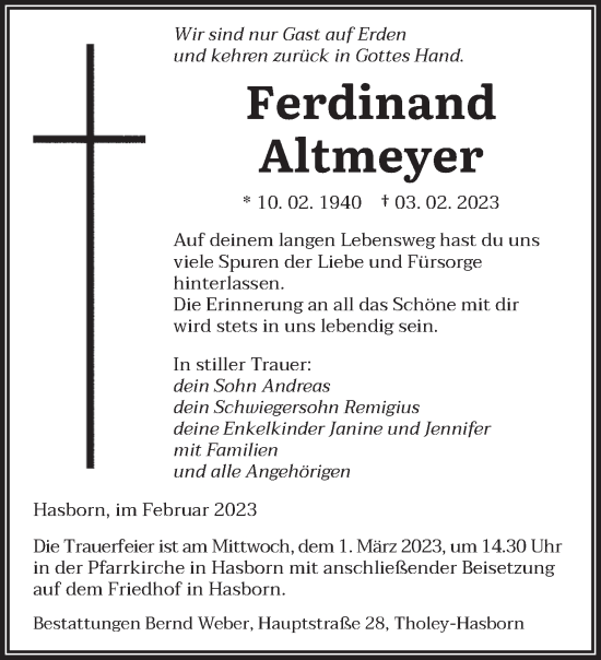 Traueranzeige von Ferdinand Altmeyer von saarbruecker_zeitung