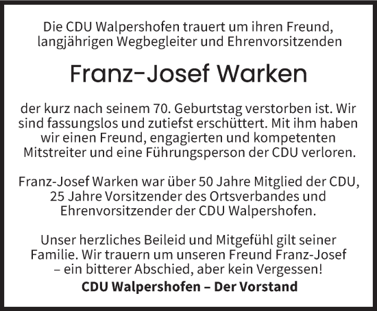 Traueranzeige von Franz-Josef Warken von saarbruecker_zeitung
