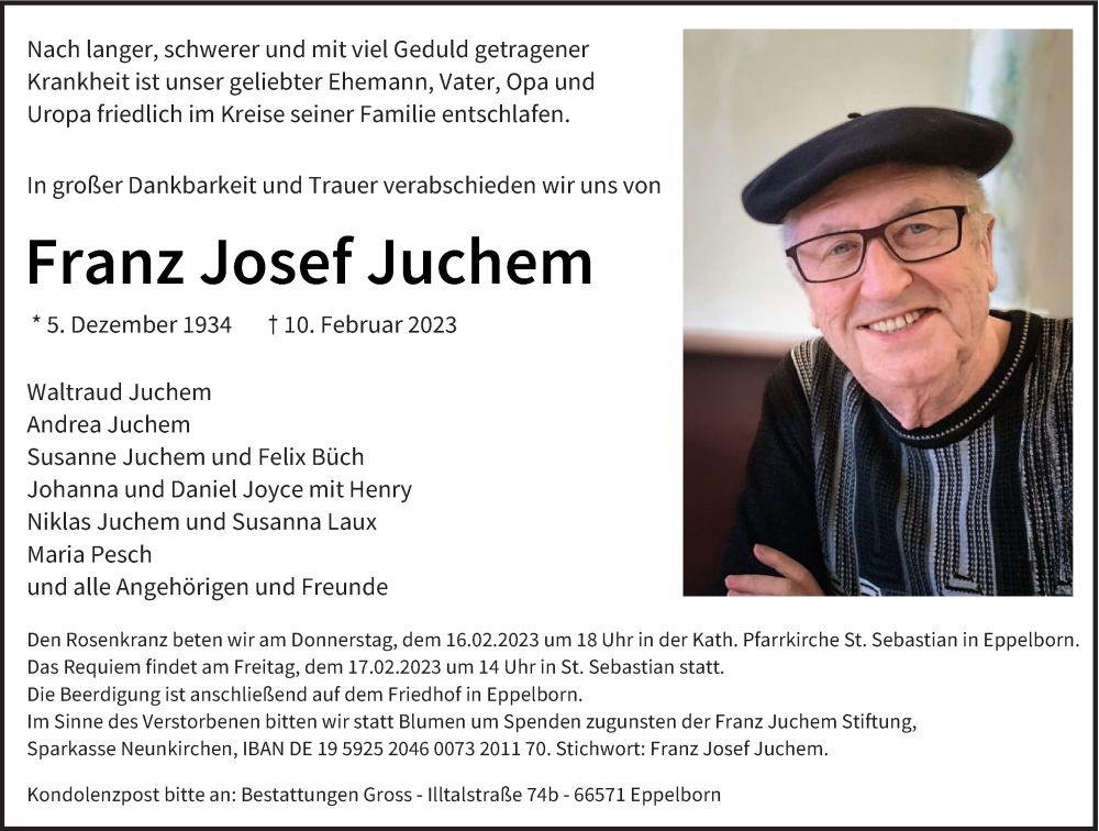  Traueranzeige für Franz Josef Juchem vom 14.02.2023 aus saarbruecker_zeitung