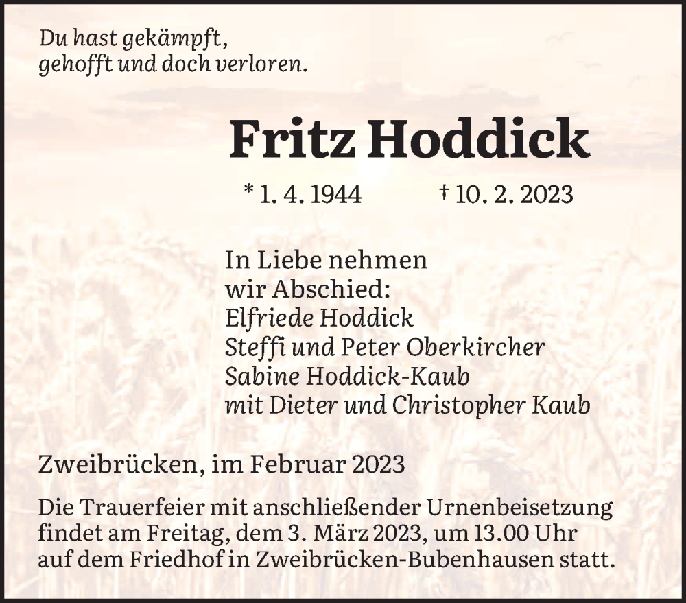  Traueranzeige für Fritz Hoddick vom 25.02.2023 aus saarbruecker_zeitung