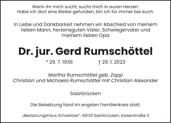 Traueranzeige von Gerd Rumschöttel von saarbruecker_zeitung