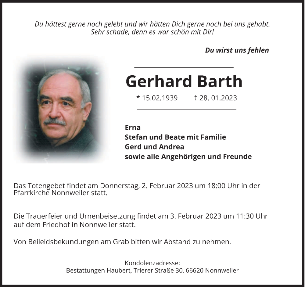  Traueranzeige für Gerhard Barth vom 01.02.2023 aus saarbruecker_zeitung