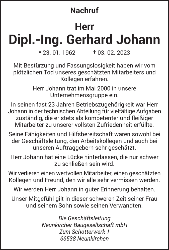  Traueranzeige für Gerhard Johann vom 11.02.2023 aus saarbruecker_zeitung