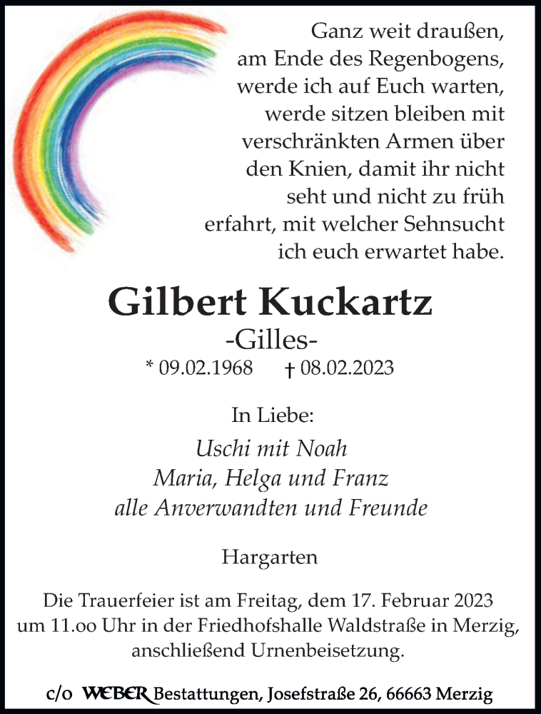  Traueranzeige für Gilbert Kuckartz vom 11.02.2023 aus saarbruecker_zeitung