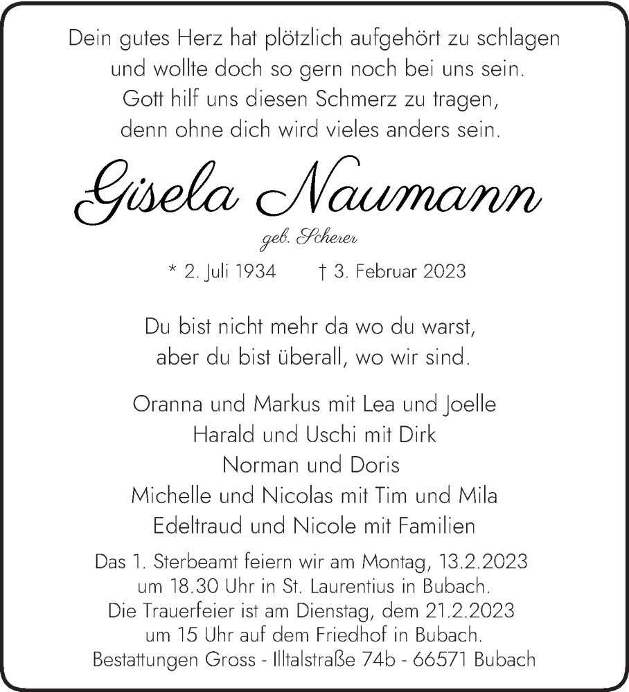  Traueranzeige für Gisela Naumann vom 11.02.2023 aus saarbruecker_zeitung