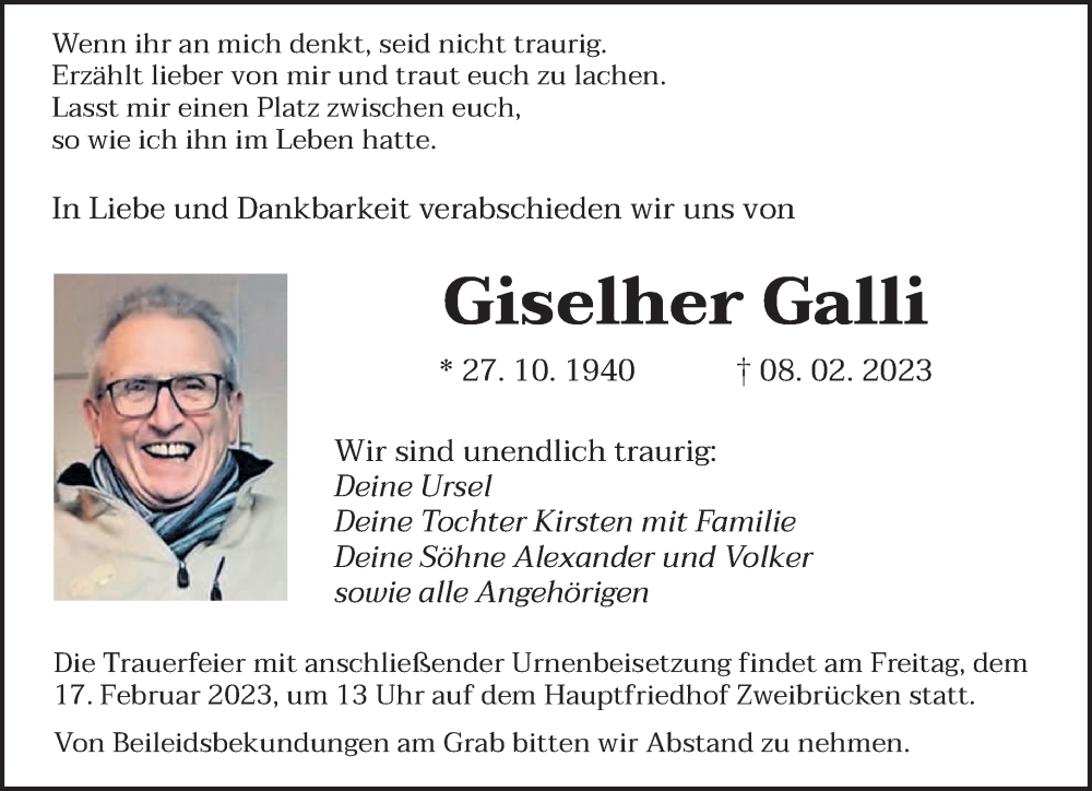  Traueranzeige für Giselher Galli vom 14.02.2023 aus saarbruecker_zeitung