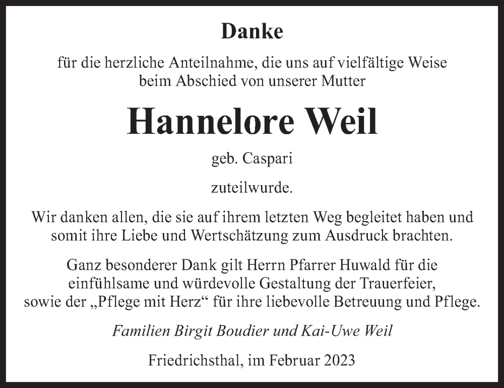  Traueranzeige für Hannelore Weil vom 18.02.2023 aus saarbruecker_zeitung