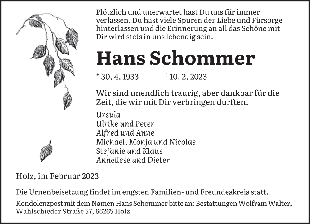  Traueranzeige für Hans Schommer vom 25.02.2023 aus saarbruecker_zeitung