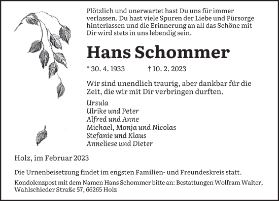 Traueranzeige von Hans Schommer von saarbruecker_zeitung