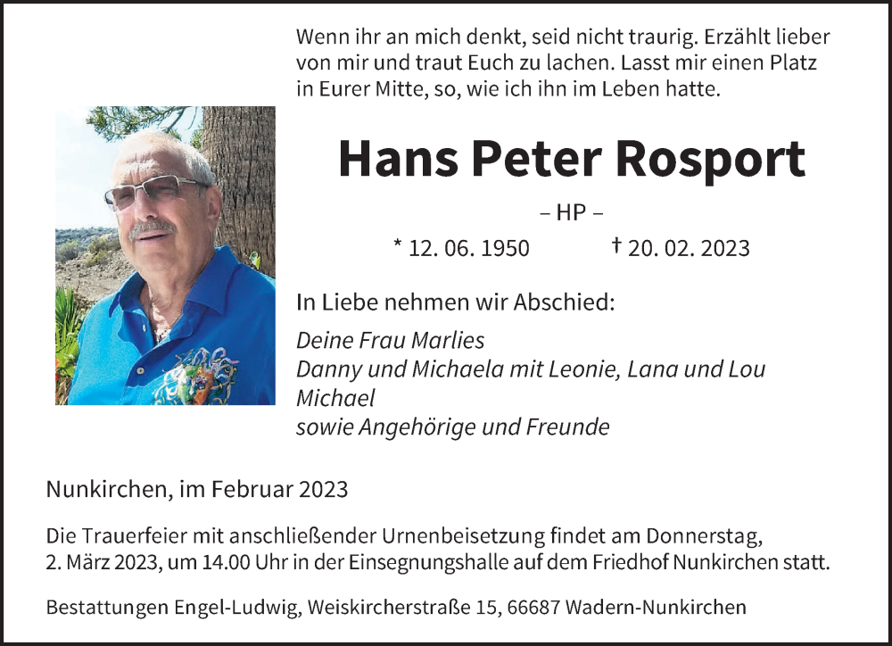  Traueranzeige für Hans Peter Rosport vom 25.02.2023 aus saarbruecker_zeitung