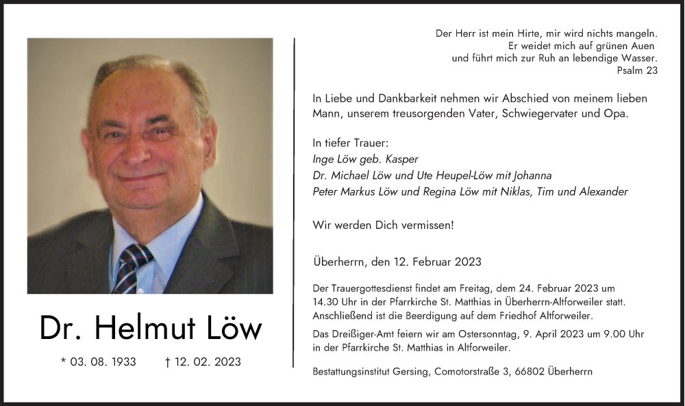  Traueranzeige für Helmut Löw vom 18.02.2023 aus saarbruecker_zeitung