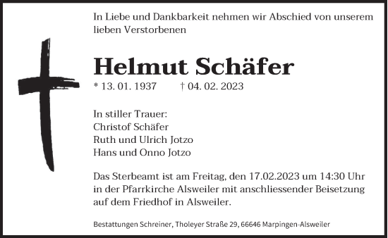 Traueranzeige von Helmut Schäfer von saarbruecker_zeitung