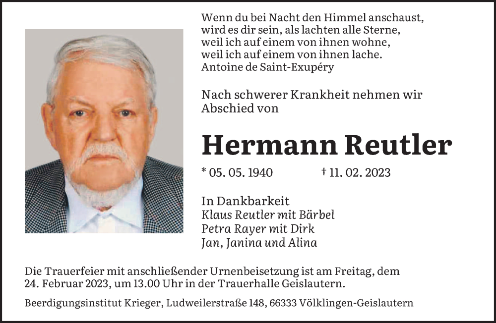  Traueranzeige für Hermann Reutler vom 18.02.2023 aus saarbruecker_zeitung