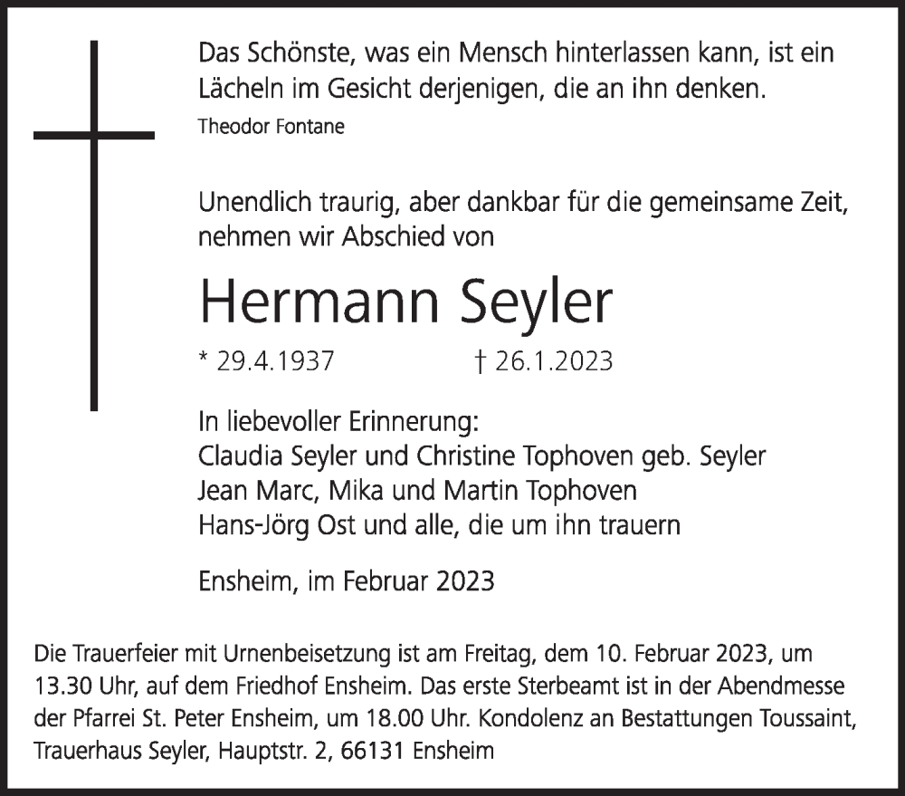  Traueranzeige für Hermann Seyler vom 04.02.2023 aus saarbruecker_zeitung