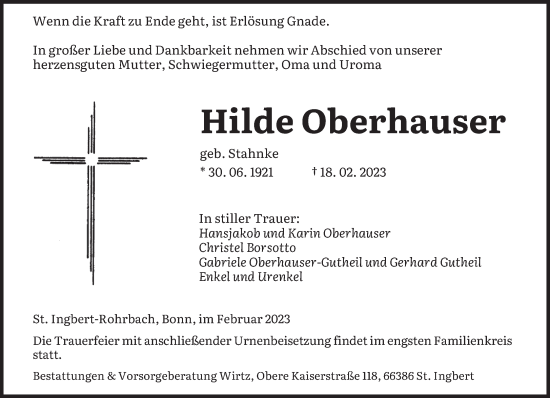 Traueranzeige von Hilde Oberhauser von saarbruecker_zeitung