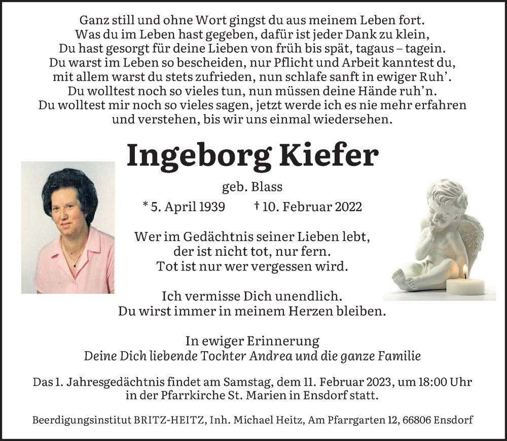  Traueranzeige für Ingeborg Kiefer vom 10.02.2023 aus saarbruecker_zeitung
