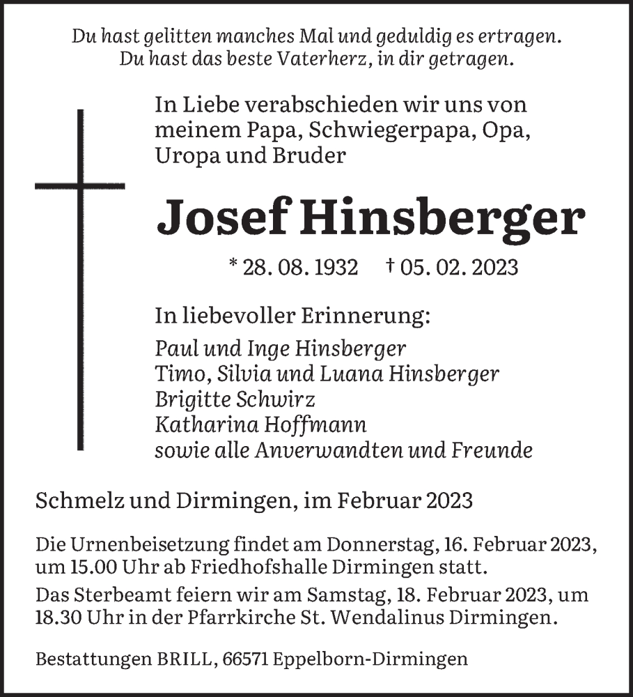  Traueranzeige für Josef Hinsberger vom 11.02.2023 aus saarbruecker_zeitung