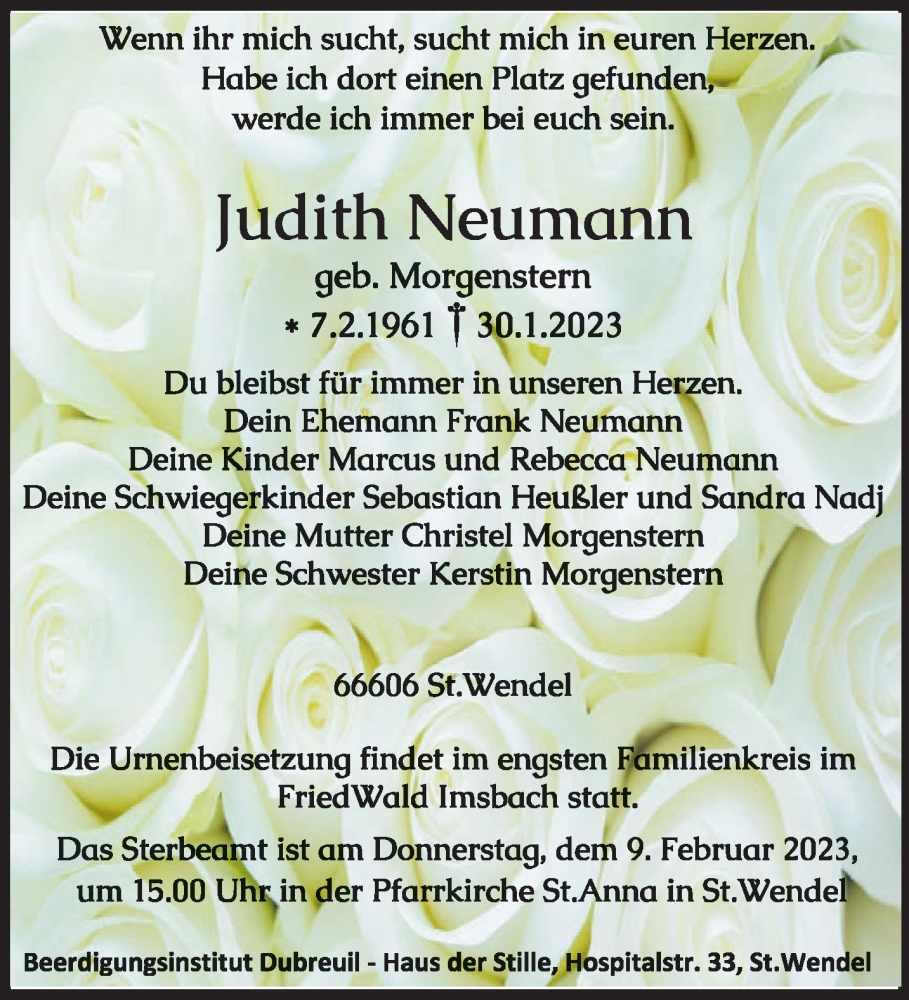  Traueranzeige für Judith Neumann vom 04.02.2023 aus saarbruecker_zeitung