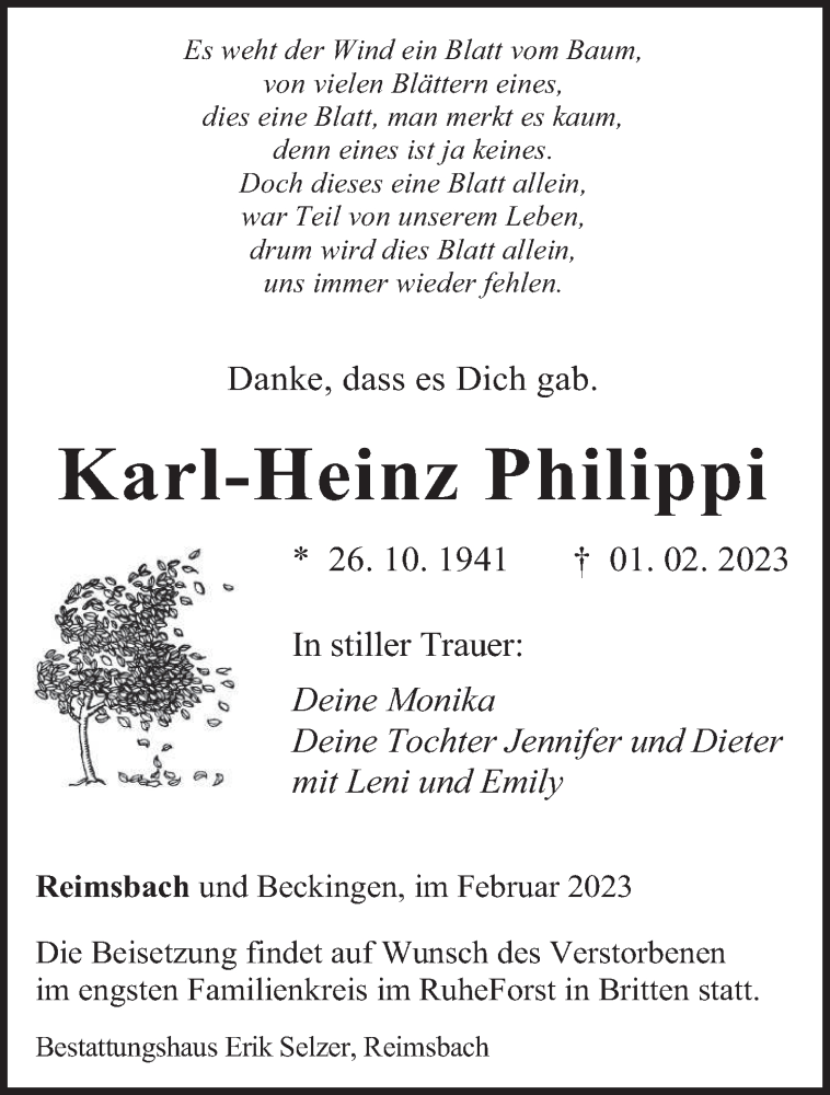  Traueranzeige für Karl-Heinz Philippi vom 08.02.2023 aus saarbruecker_zeitung