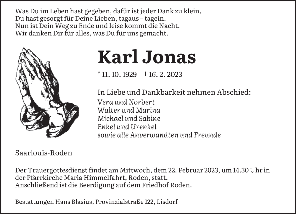  Traueranzeige für Karl Jonas vom 18.02.2023 aus saarbruecker_zeitung