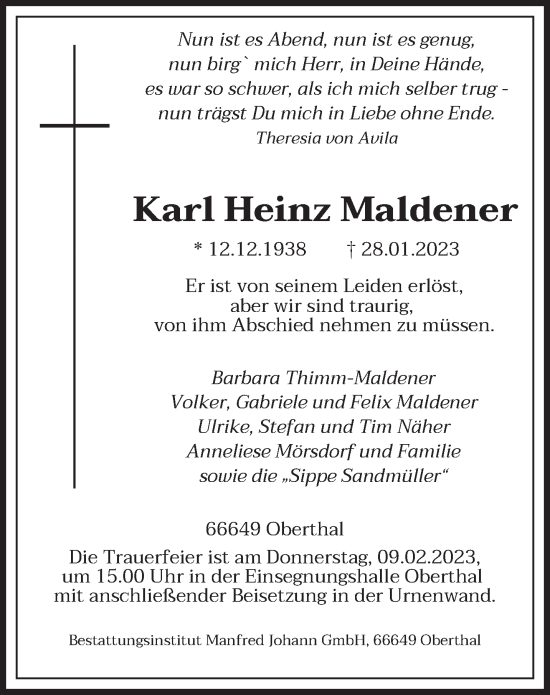 Traueranzeigen Von Karl Heinz Maldener Saarbruecker Zeitung Trauer De