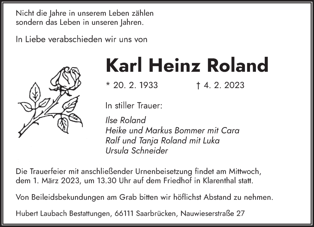  Traueranzeige für Karl Heinz Roland vom 25.02.2023 aus saarbruecker_zeitung