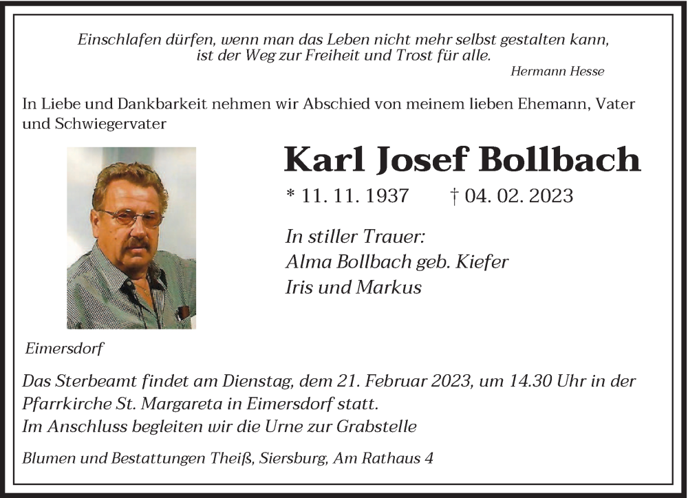  Traueranzeige für Karl Josef Bollbach vom 15.02.2023 aus saarbruecker_zeitung
