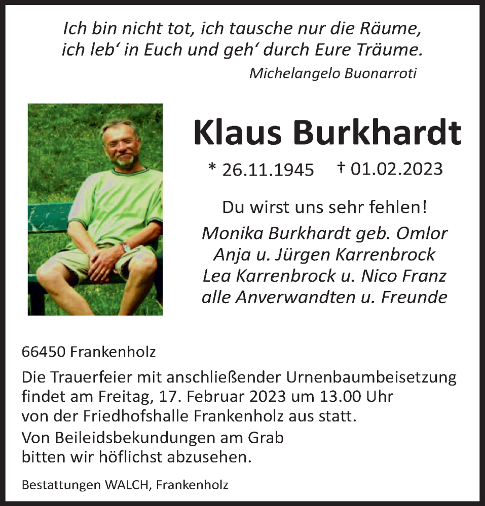  Traueranzeige für Klaus Burkhardt vom 11.02.2023 aus saarbruecker_zeitung