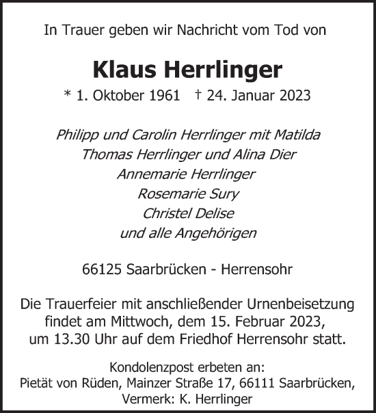 Traueranzeige von Klaus Herrlinger von saarbruecker_zeitung