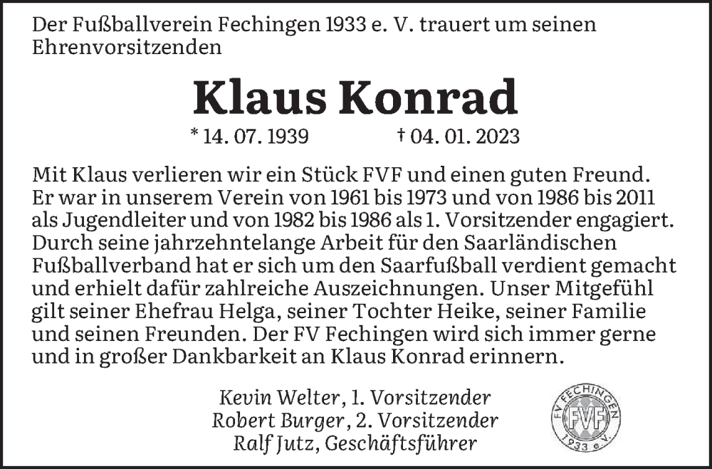  Traueranzeige für Klaus Konrad vom 11.02.2023 aus saarbruecker_zeitung