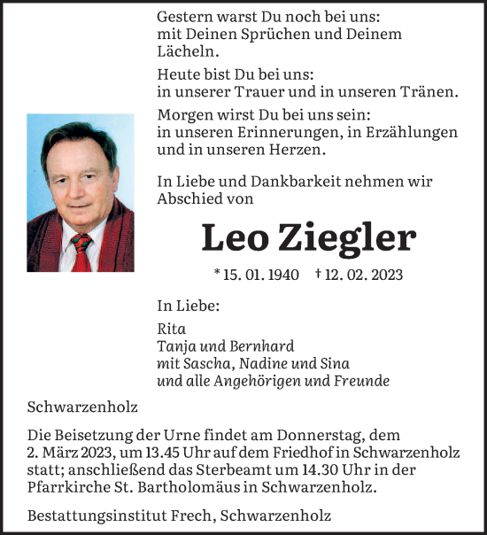 Traueranzeige von Leo Ziegler von saarbruecker_zeitung