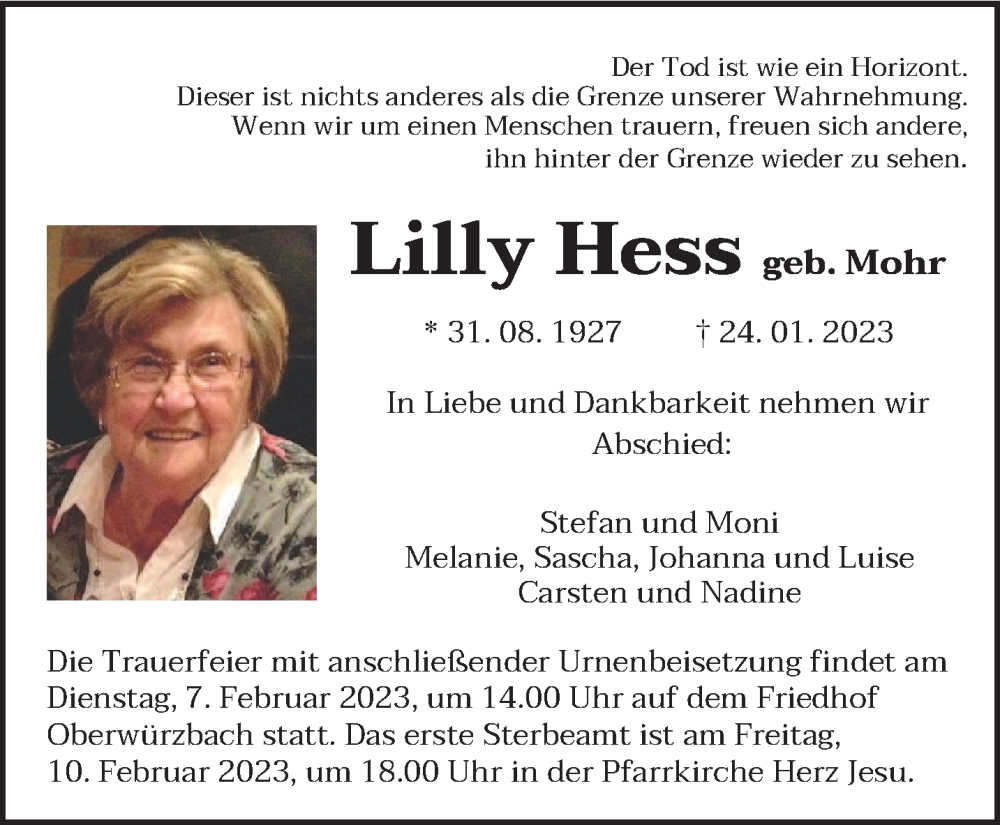  Traueranzeige für Lilly Hess vom 04.02.2023 aus saarbruecker_zeitung