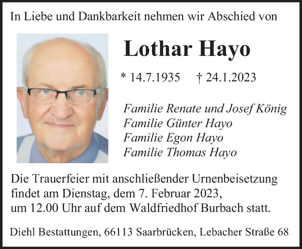  Traueranzeige für Lothar Hayo vom 04.02.2023 aus saarbruecker_zeitung