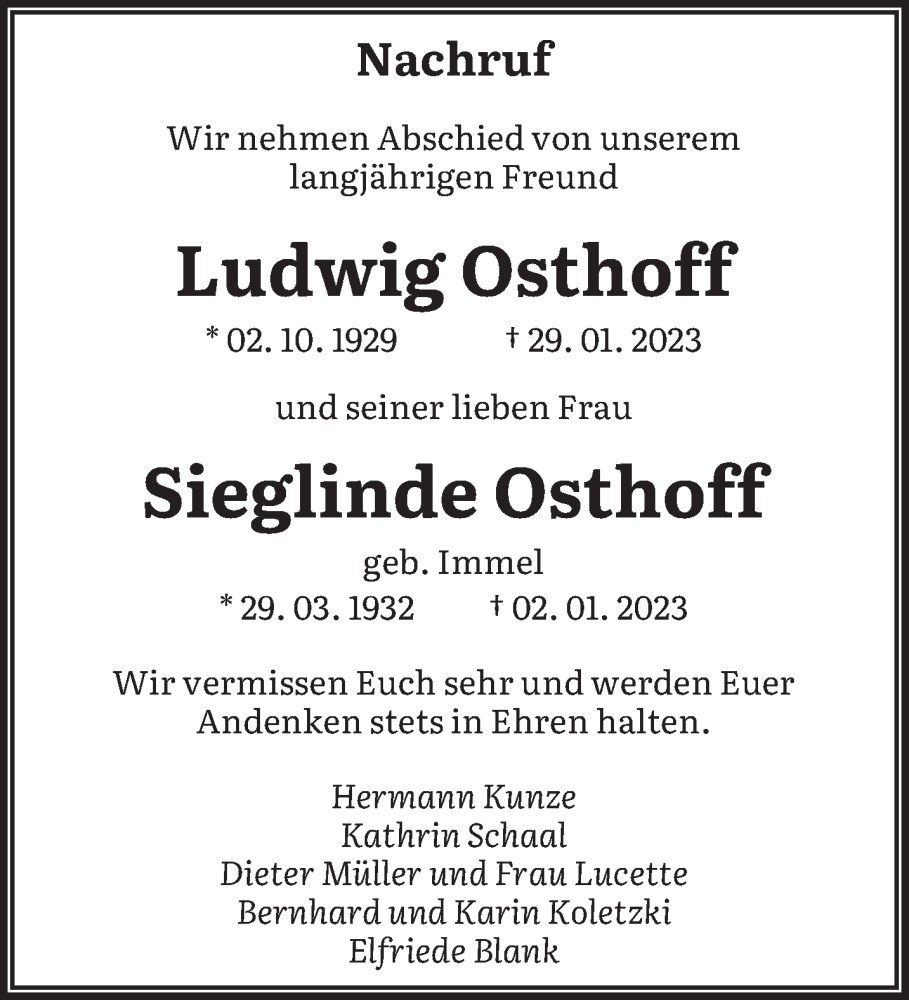  Traueranzeige für Ludwig und Sieglinde Osthoff vom 18.02.2023 aus saarbruecker_zeitung