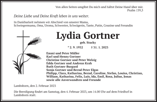 Todesanzeige von Lydia Gortner von saarbruecker_zeitung
