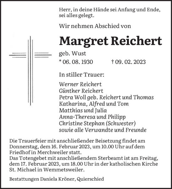 Traueranzeige von Margret Reichert von saarbruecker_zeitung