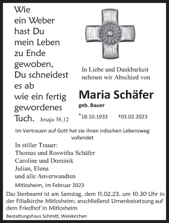 Traueranzeige von Maria Schäfer von saarbruecker_zeitung