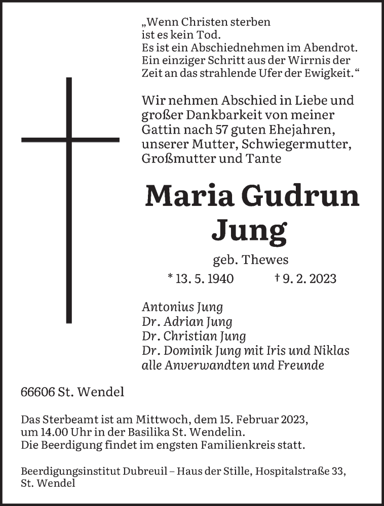  Traueranzeige für Maria Gudrun Jung vom 11.02.2023 aus saarbruecker_zeitung
