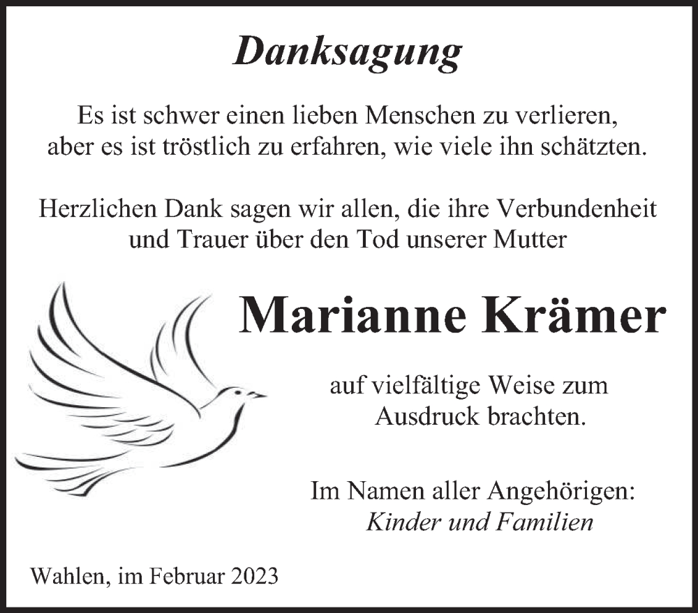  Traueranzeige für Marianne Krämer vom 24.02.2023 aus saarbruecker_zeitung