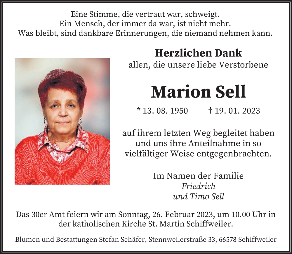  Traueranzeige für Marion Sell vom 11.02.2023 aus saarbruecker_zeitung