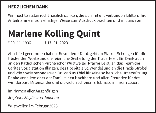 Traueranzeige von Marlene Kolling Quint von saarbruecker_zeitung