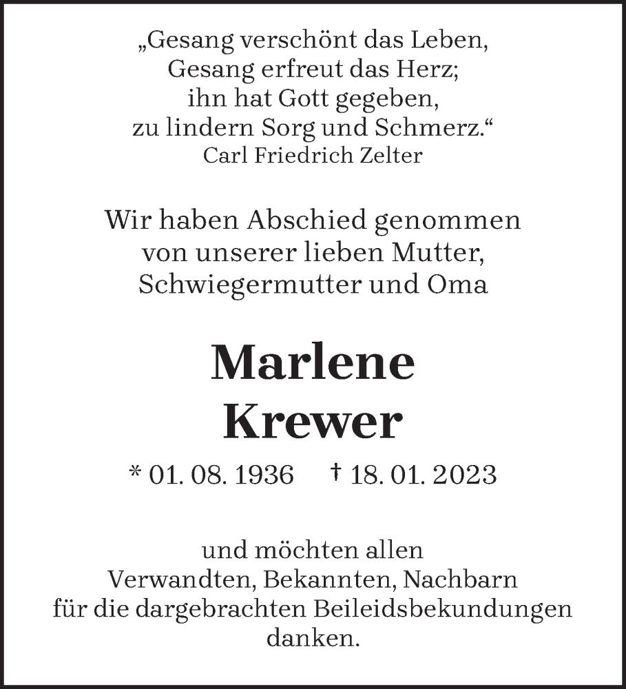  Traueranzeige für Marlene Krewer vom 17.02.2023 aus saarbruecker_zeitung