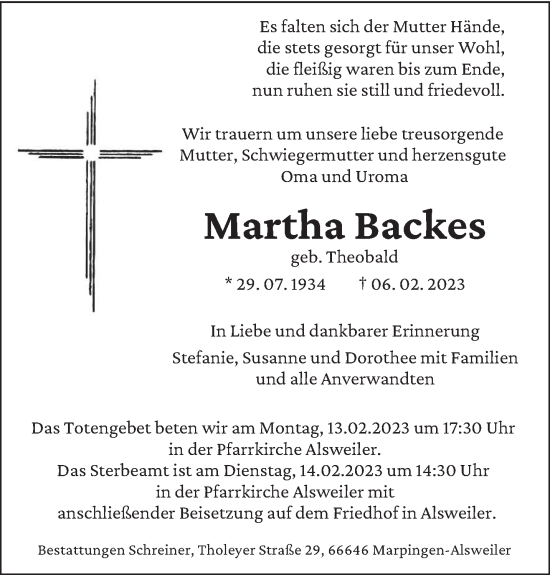 Traueranzeige von Martha Backes von saarbruecker_zeitung