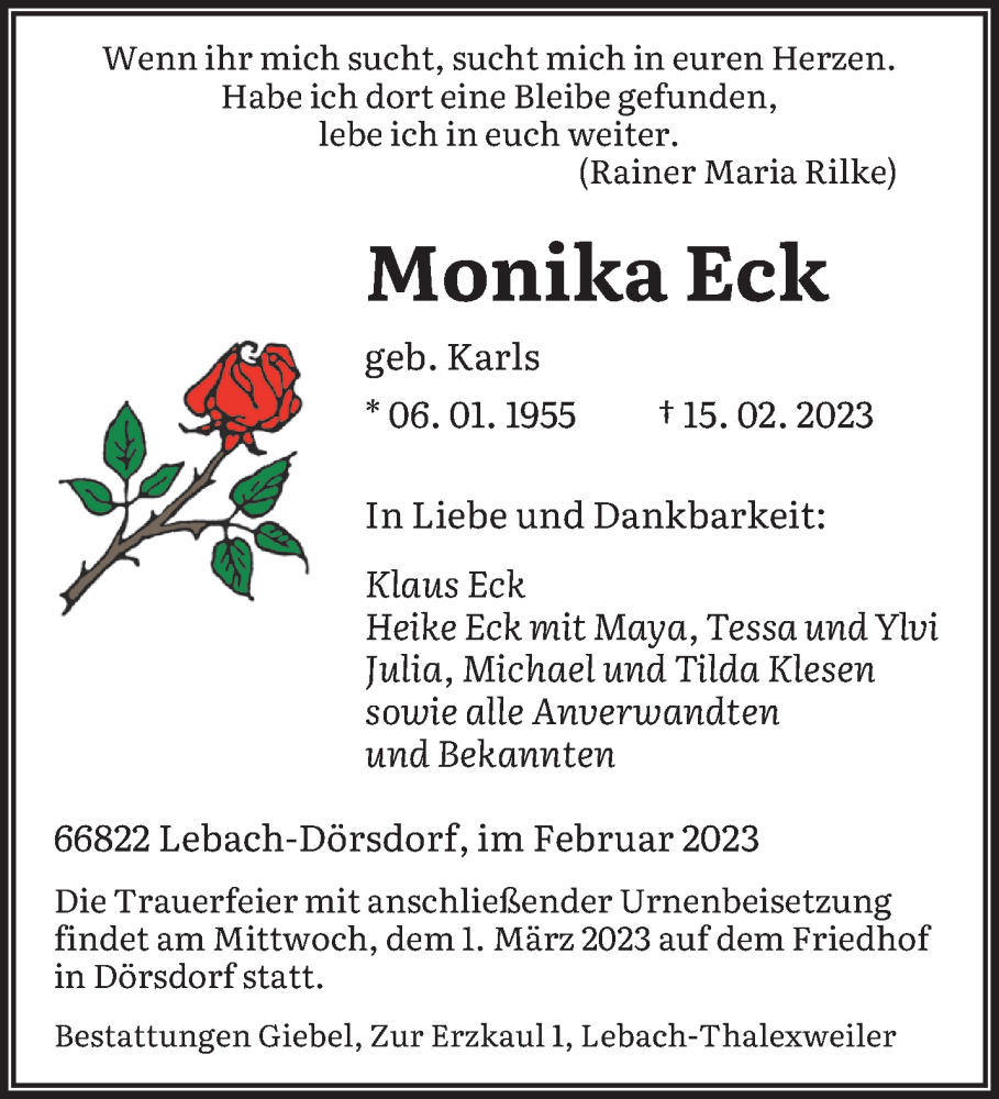  Traueranzeige für Monika Eck vom 25.02.2023 aus saarbruecker_zeitung
