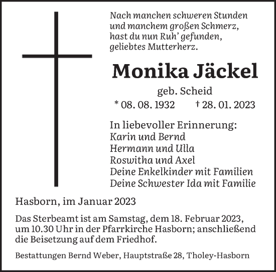 Traueranzeige von Monika Jäckel von saarbruecker_zeitung